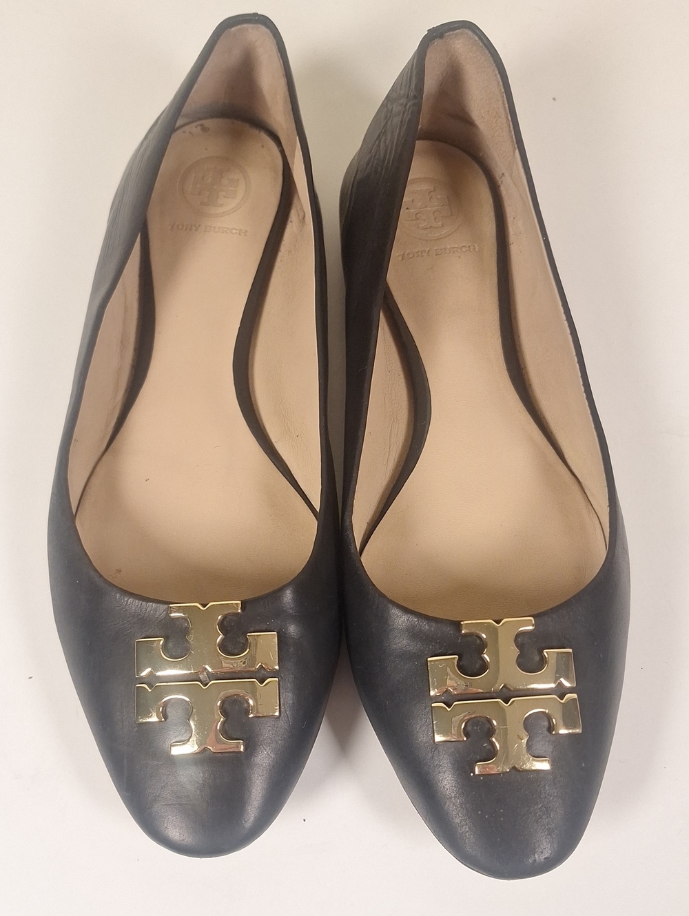 Tory Burch Raleigh Leather Ballet Flats Black Gold Logo Size 8.5